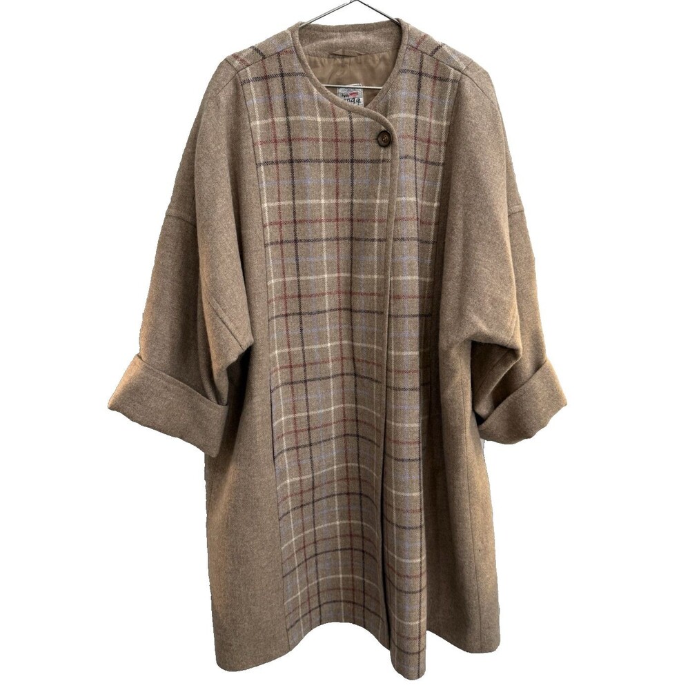 Vintage Avoca Ireland Wool Plaid Cape Coat Tartan Pockets Long Brown XL-2X